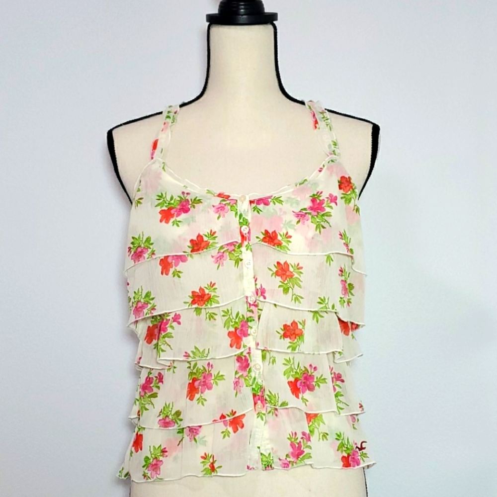 Hollister Floral Ruffle Top - White with Pink and Green